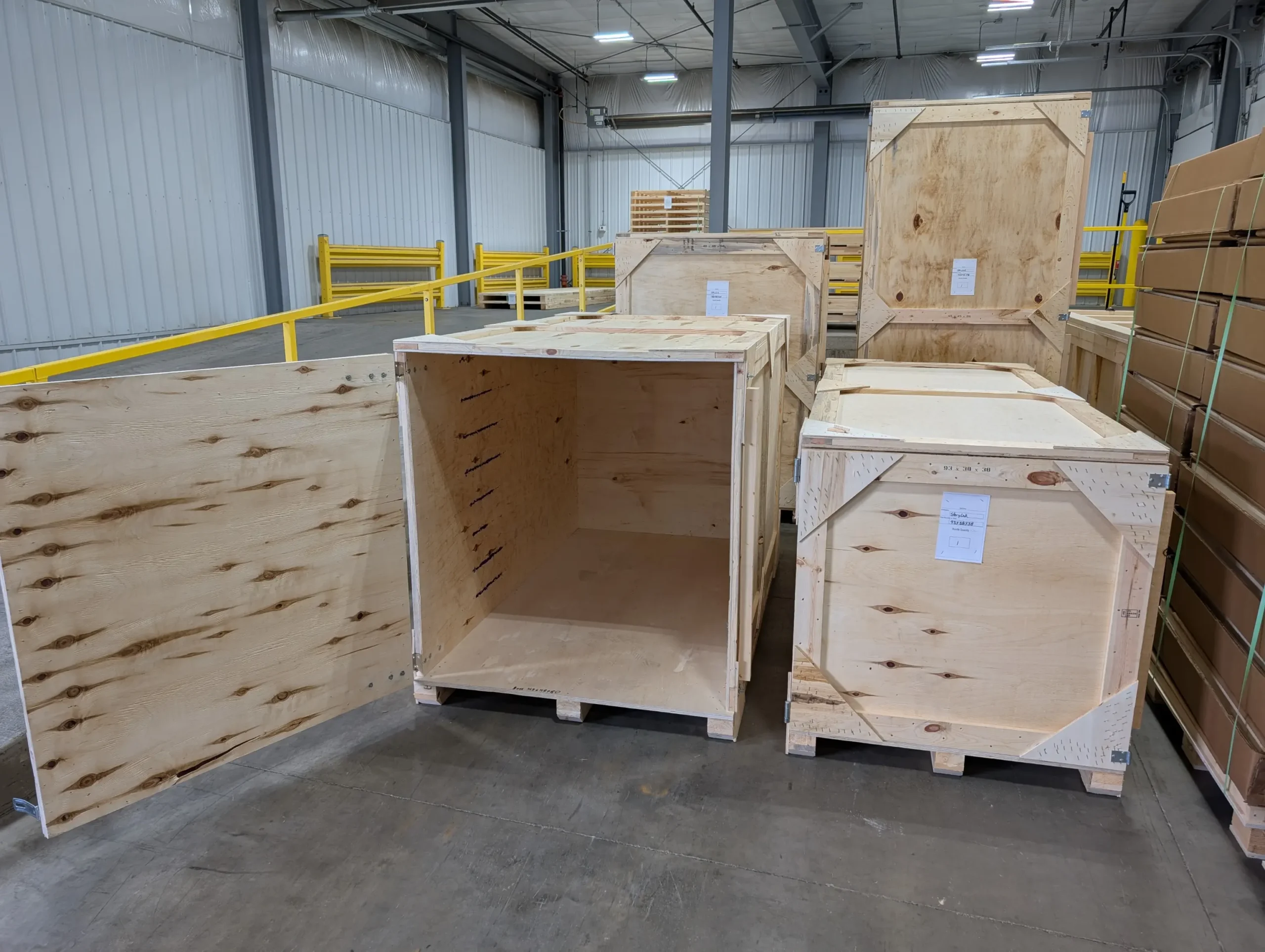 custom wood packaging crates in a warehouse